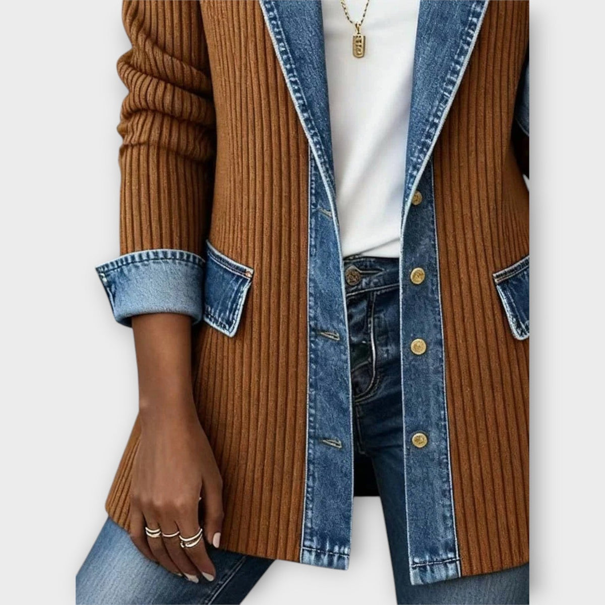 Denim-Trim Ribbed Knit Cardigan