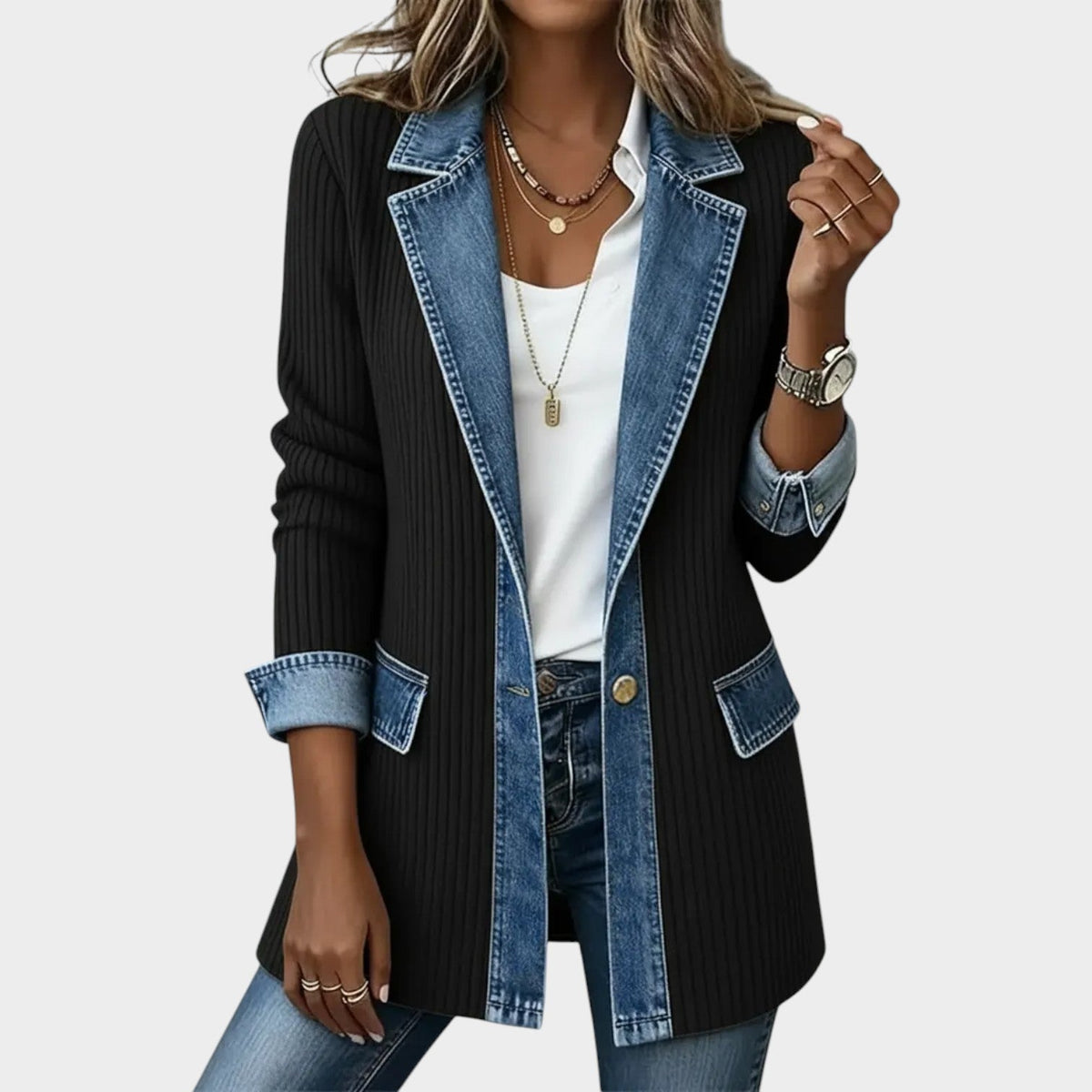 Denim-Trim Ribbed Knit Cardigan