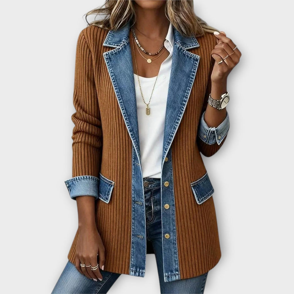 Denim-Trim Ribbed Knit Cardigan