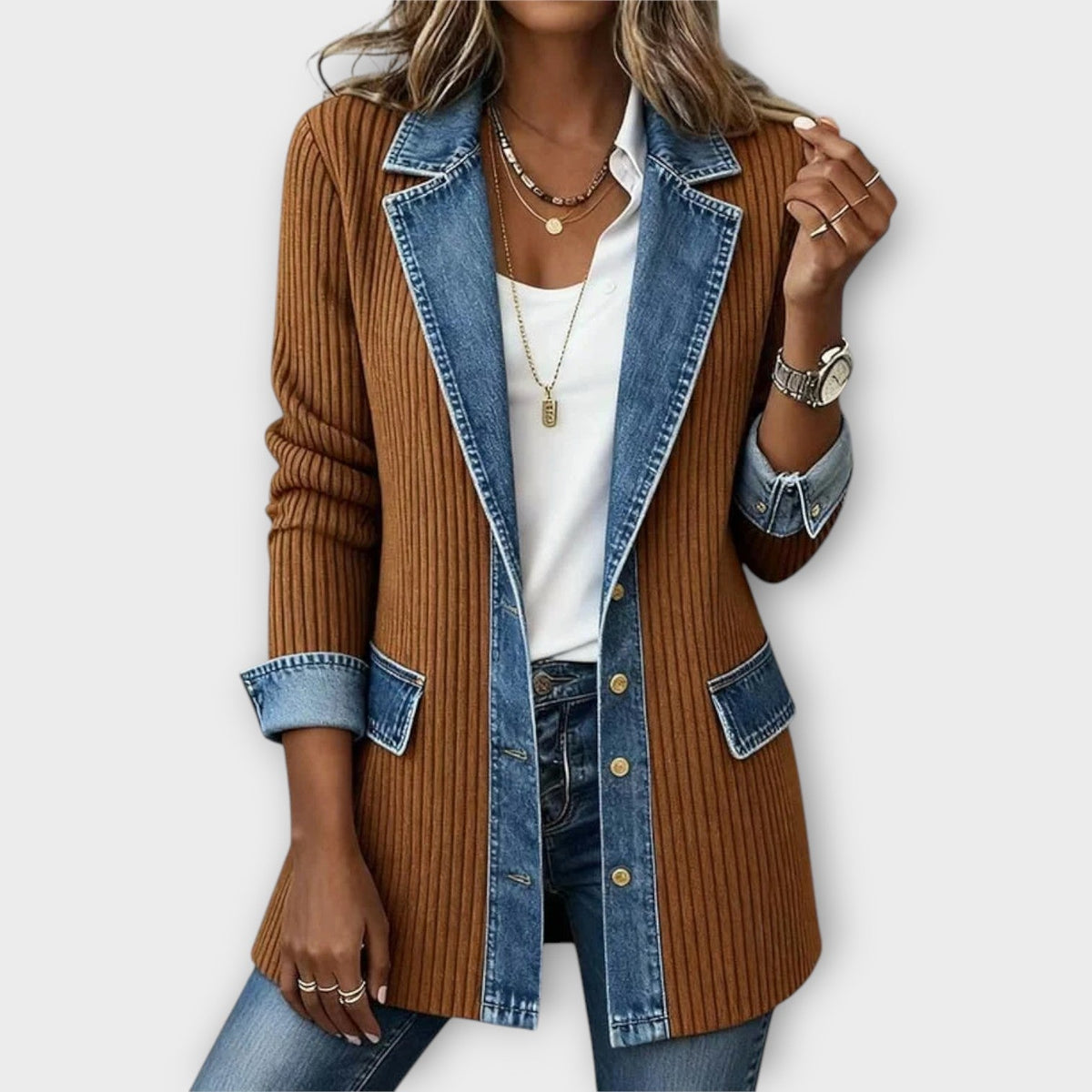 Denim-Trim Ribbed Knit Cardigan