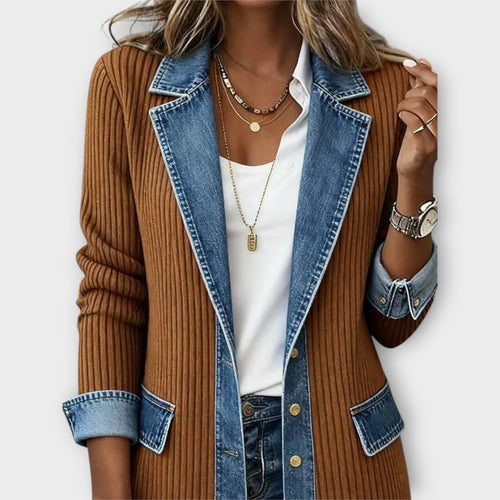 Denim-Trim Ribbed Knit Cardigan