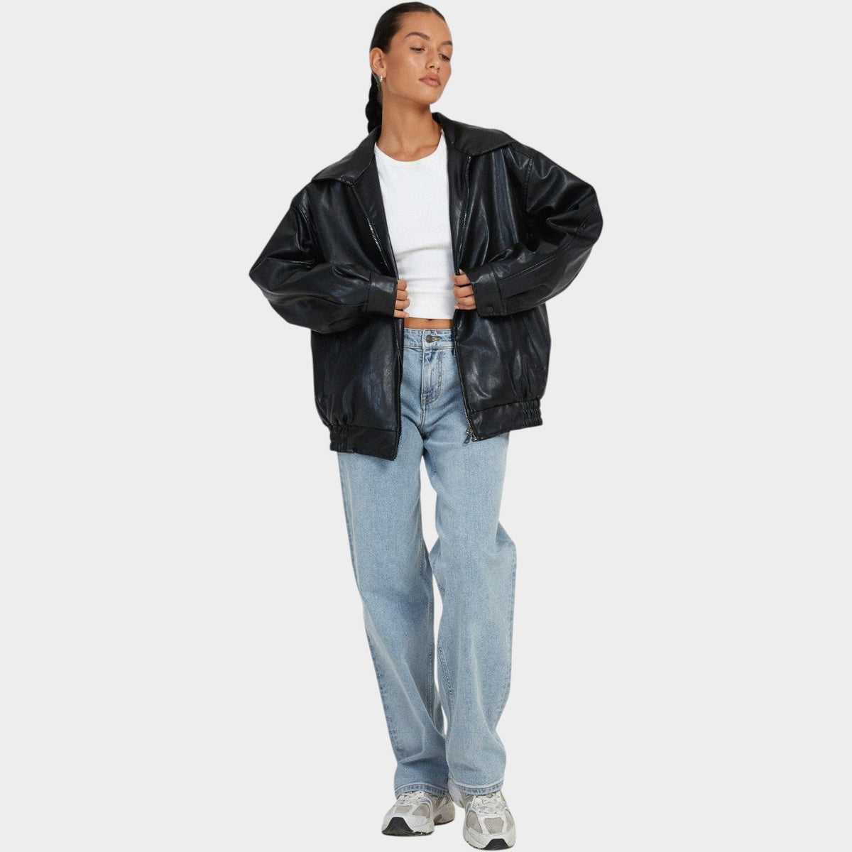 Women's Oversized Faux Leather | Casual Zip-Up Bomber Jacket