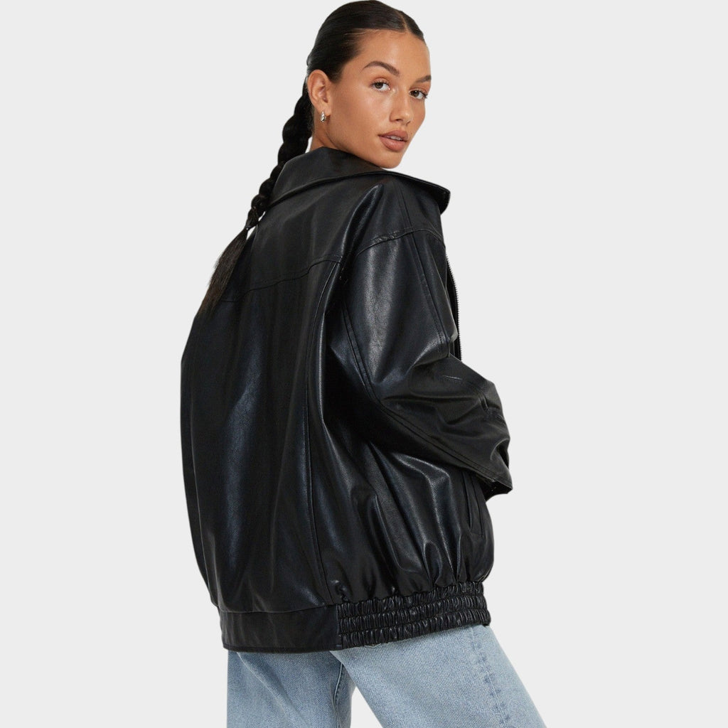 Women's Oversized Faux Leather | Casual Zip-Up Bomber Jacket