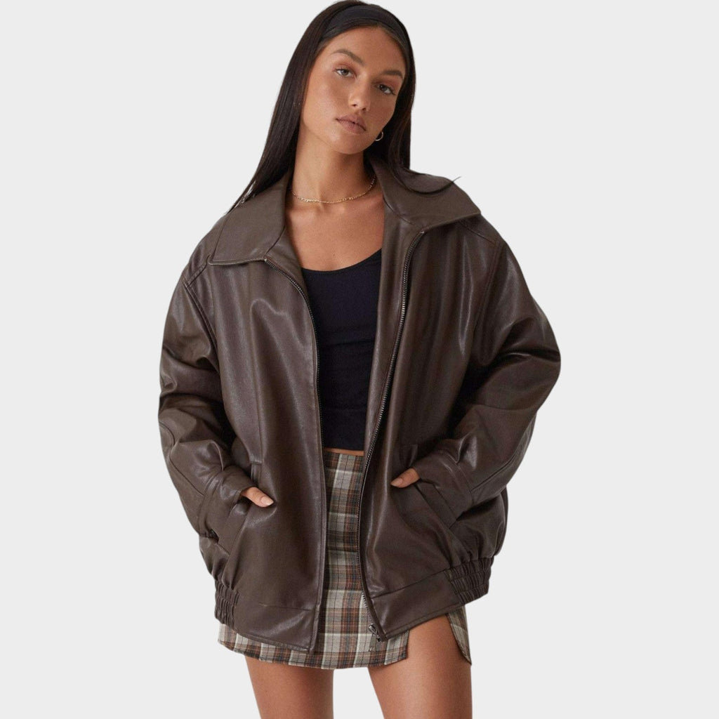 Women's Oversized Faux Leather | Casual Zip-Up Bomber Jacket