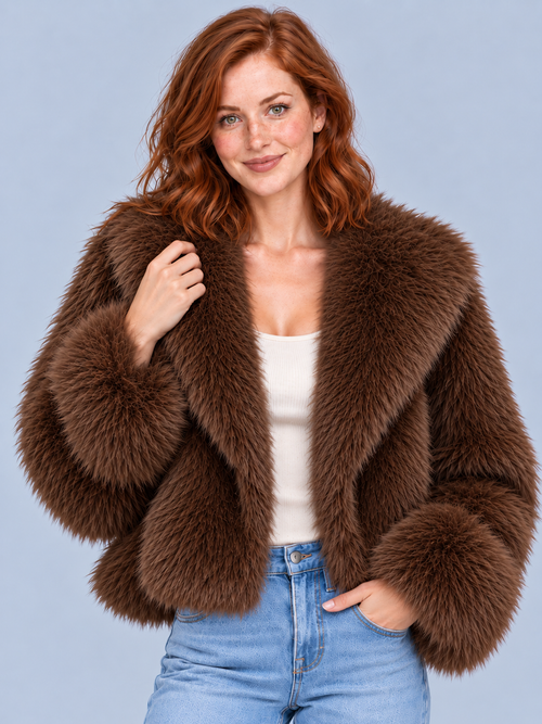 Women's Cropped Faux Fur Jacket – Oversized Collar Fluffy Winter Coat