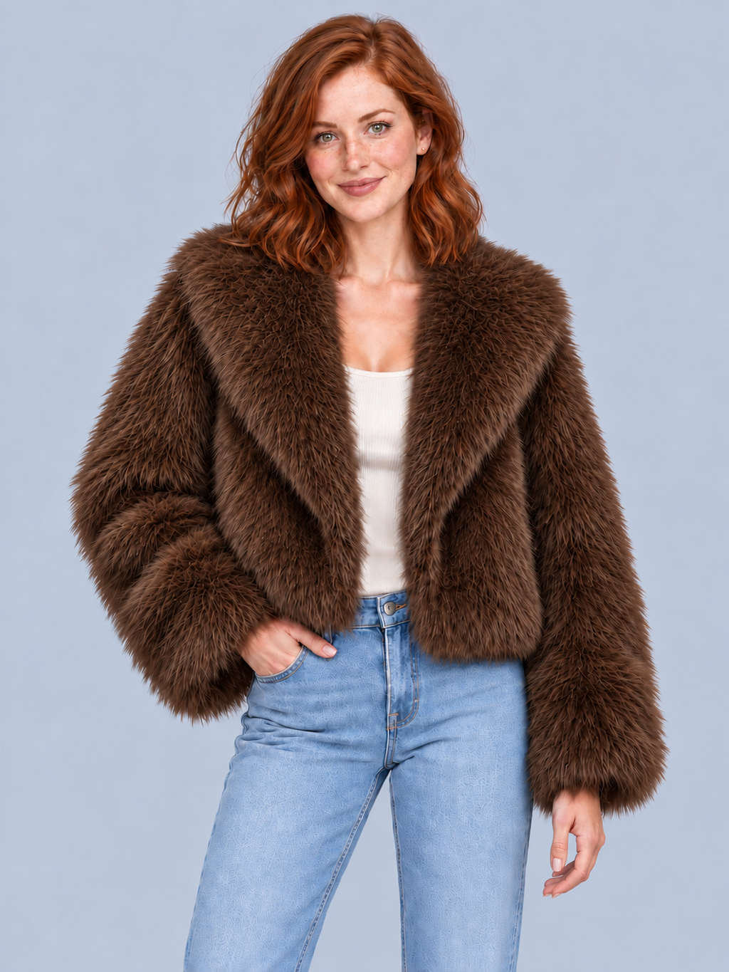 Women's Cropped Faux Fur Jacket – Oversized Collar Fluffy Winter Coat