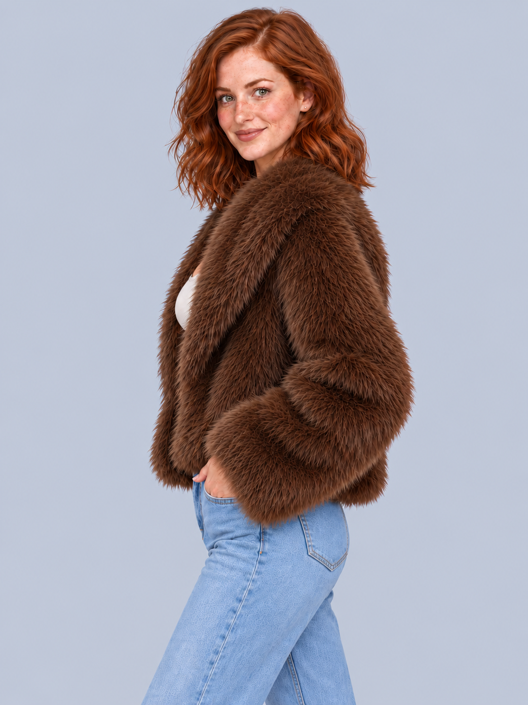 Women's Cropped Faux Fur Jacket – Oversized Collar Fluffy Winter Coat