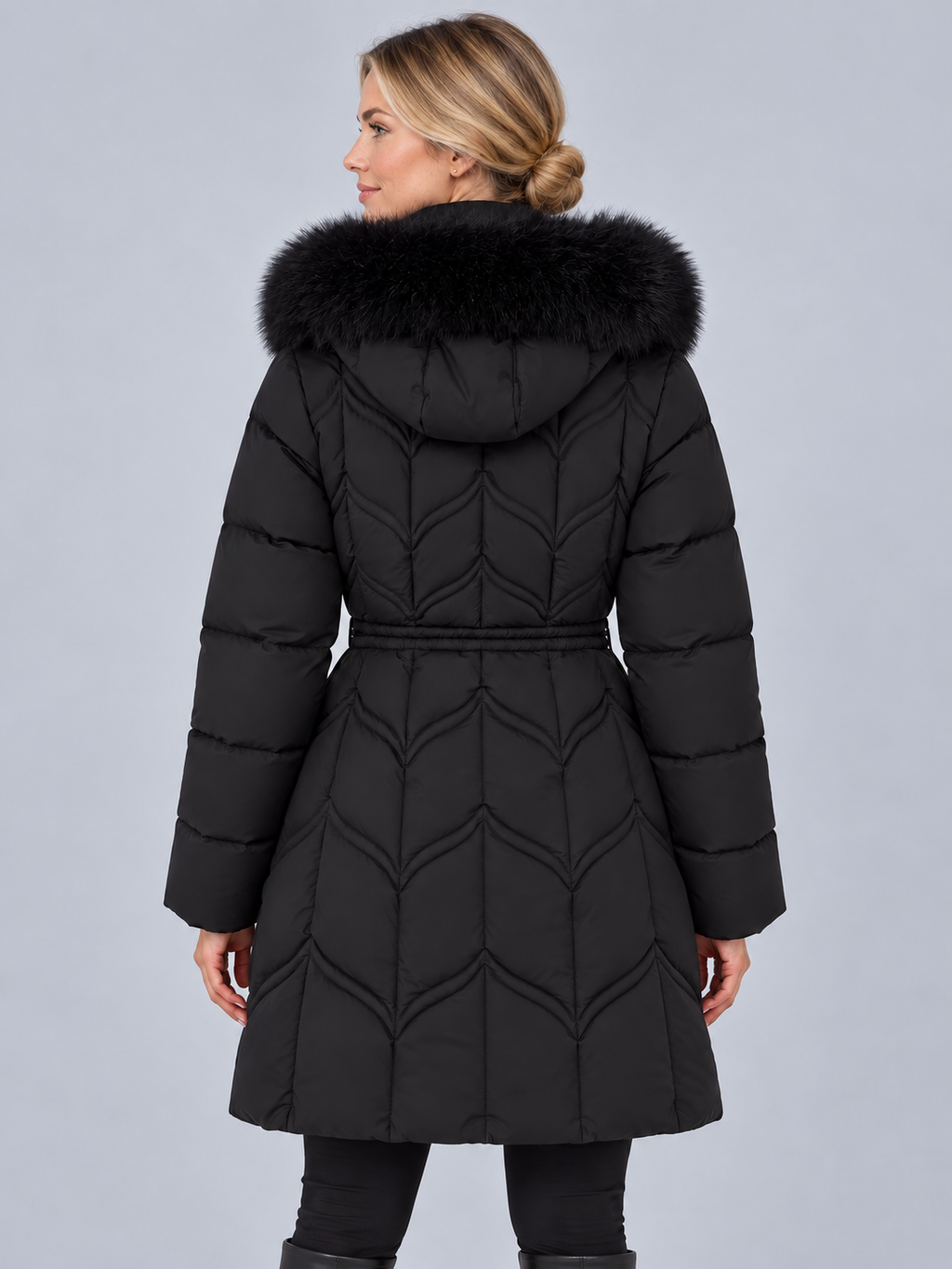 Women's Parka Coat with Faux Fur Hood – Knee Length Quilted Puffer, Drawstring Waist