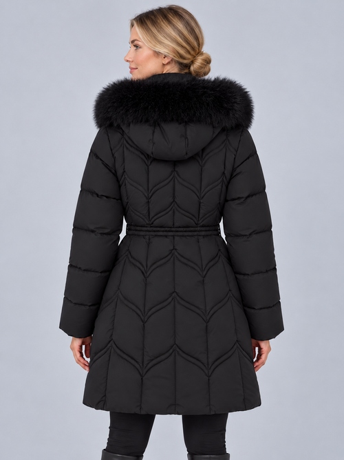 Women's Parka Coat with Faux Fur Hood – Knee Length Quilted Puffer, Drawstring Waist