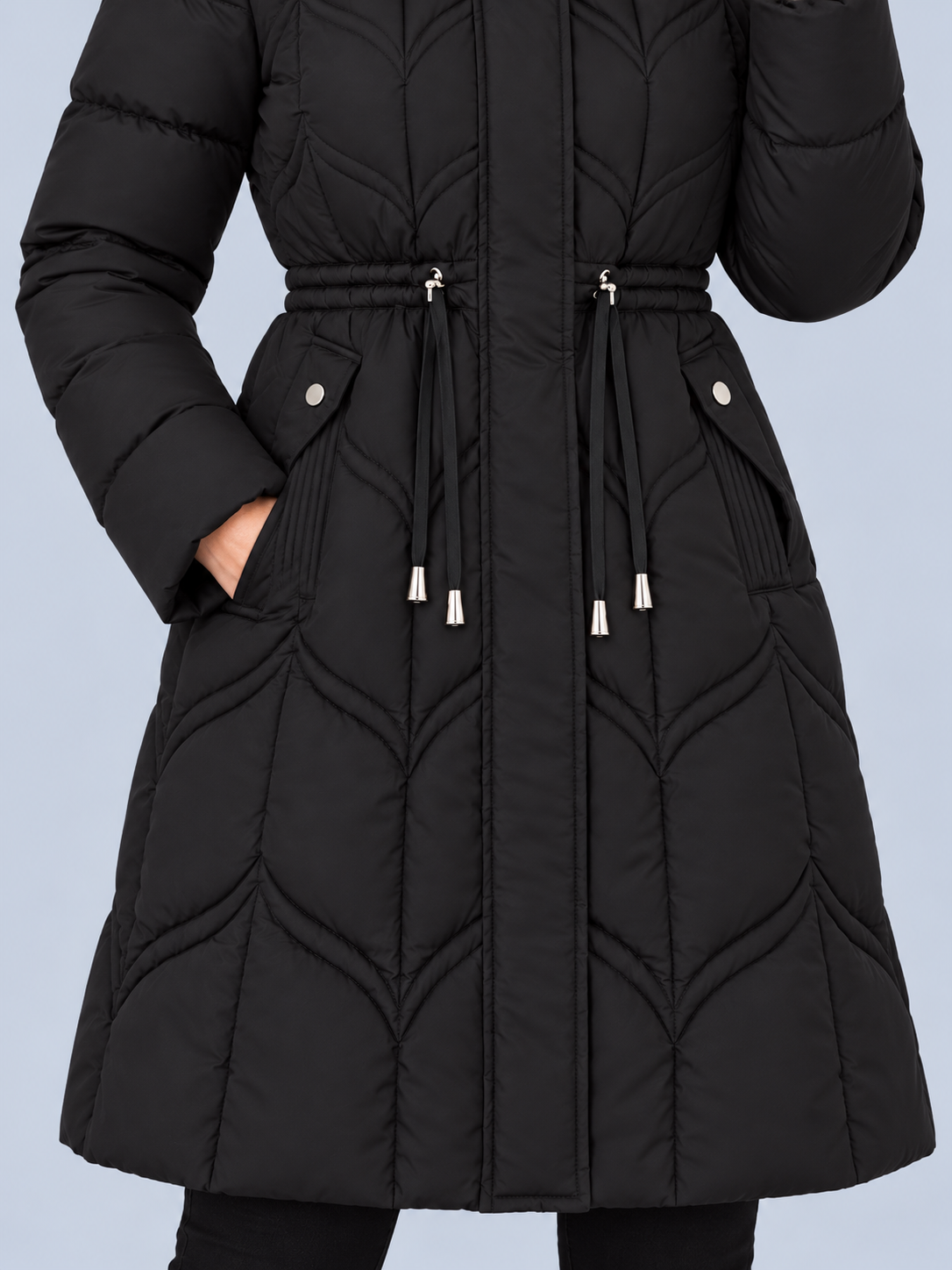 Women's Parka Coat with Faux Fur Hood – Knee Length Quilted Puffer, Drawstring Waist
