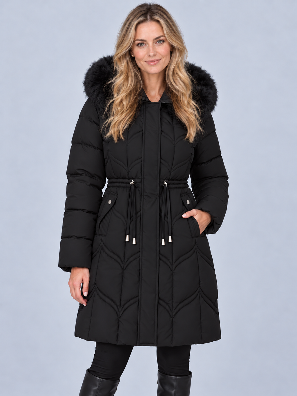 Women's Parka Coat with Faux Fur Hood – Knee Length Quilted Puffer, Drawstring Waist