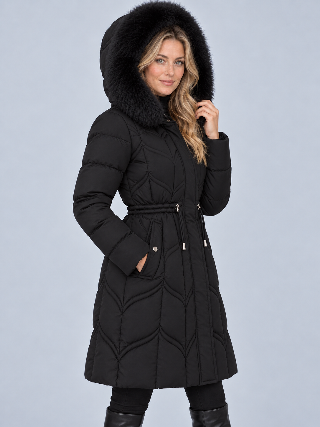 Women's Parka Coat with Faux Fur Hood – Knee Length Quilted Puffer, Drawstring Waist