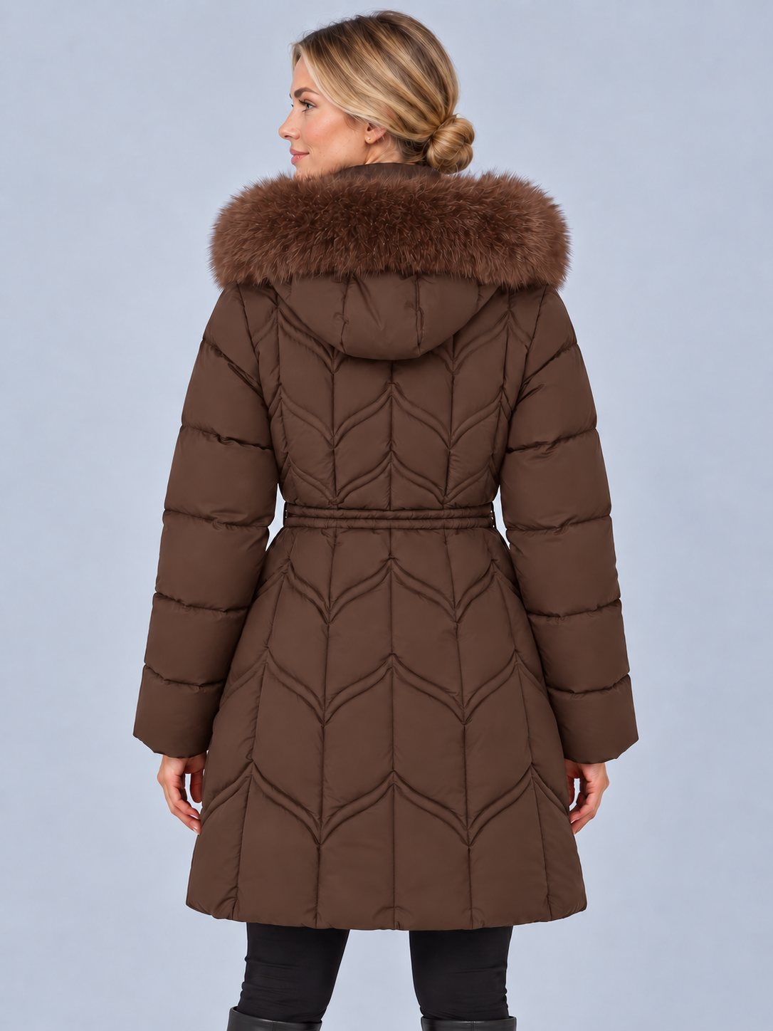 Women's Parka Coat with Faux Fur Hood – Knee Length Quilted Puffer, Drawstring Waist