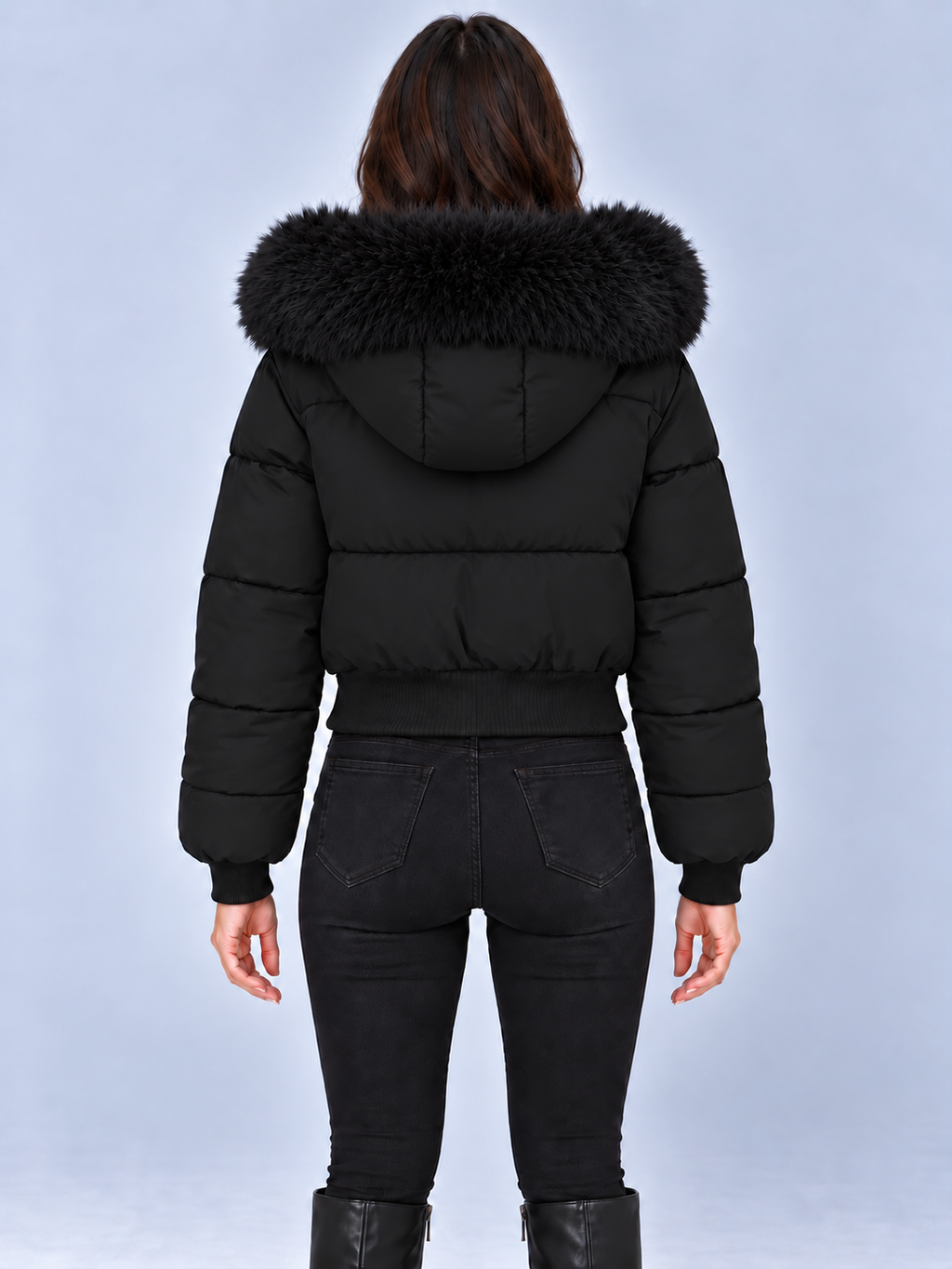 Women's Faux Fur Hooded Puffer Jacket – Cropped Full Zip Padded Winter Coat