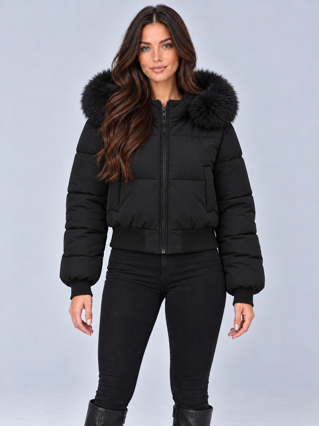 Women's Faux Fur Hooded Puffer Jacket – Cropped Full Zip Padded Winter Coat