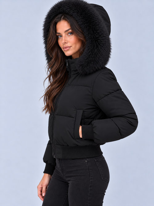 Women's Faux Fur Hooded Puffer Jacket – Cropped Full Zip Padded Winter Coat