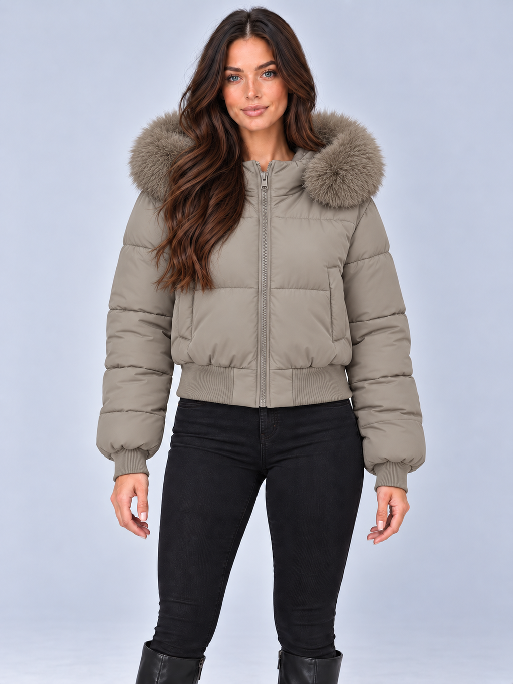 Women's Faux Fur Hooded Puffer Jacket – Cropped Full Zip Padded Winter Coat
