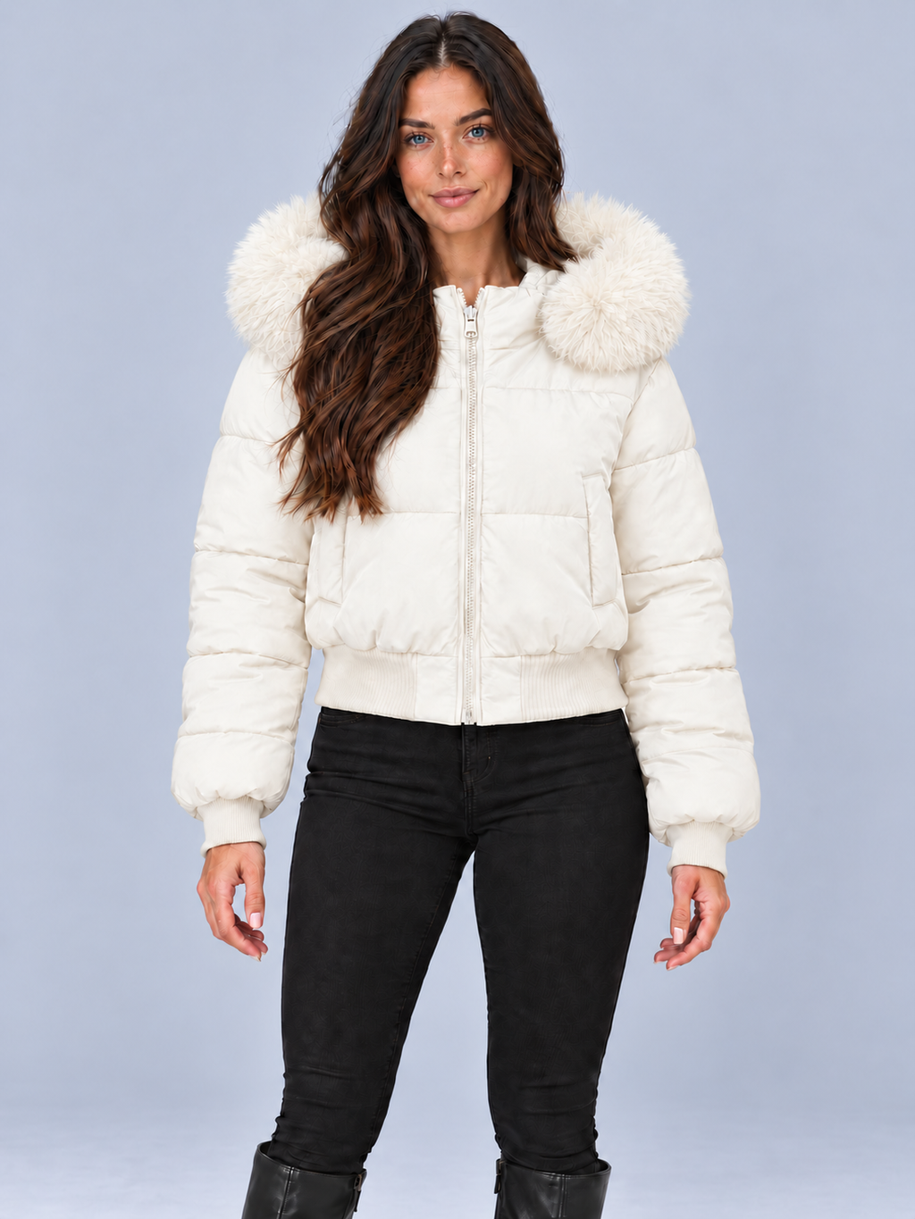 Women's Faux Fur Hooded Puffer Jacket – Cropped Full Zip Padded Winter Coat
