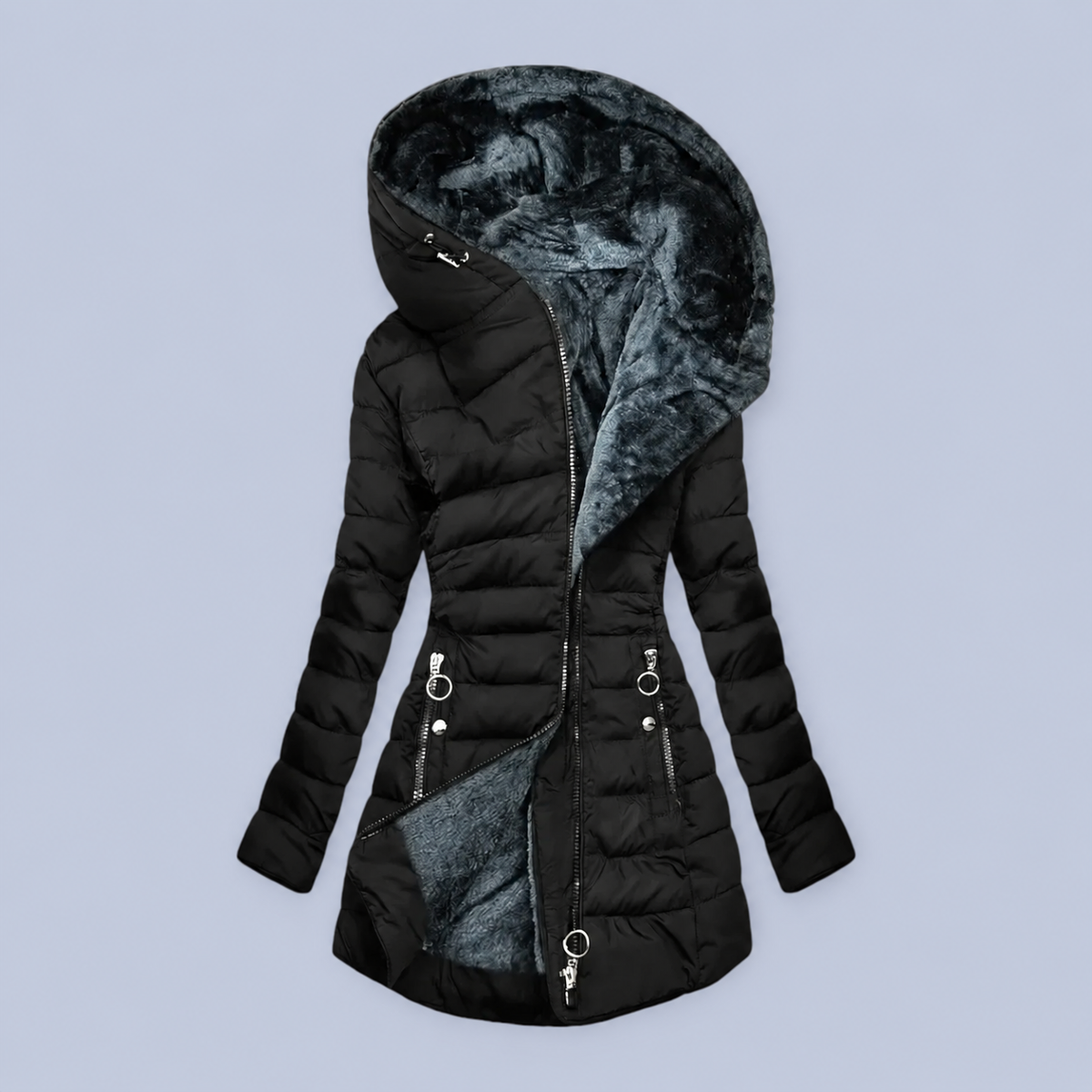 Women's Long Puffer Coat with Faux Fur Lined Hood – Fitted Quilted Winter Jacket