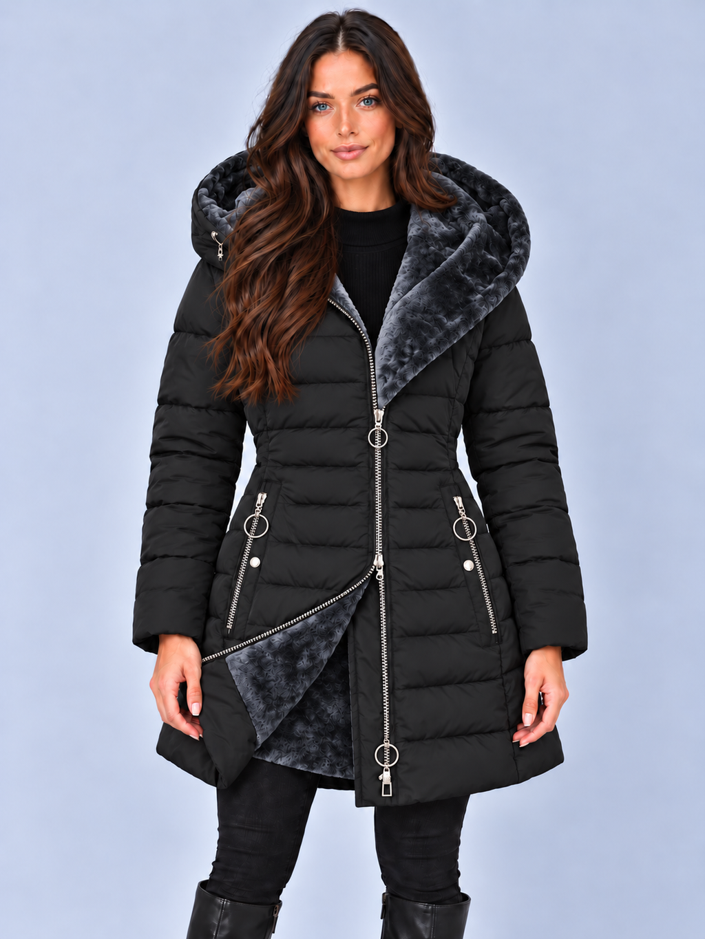 Women's Long Puffer Coat with Faux Fur Lined Hood – Fitted Quilted Winter Jacket