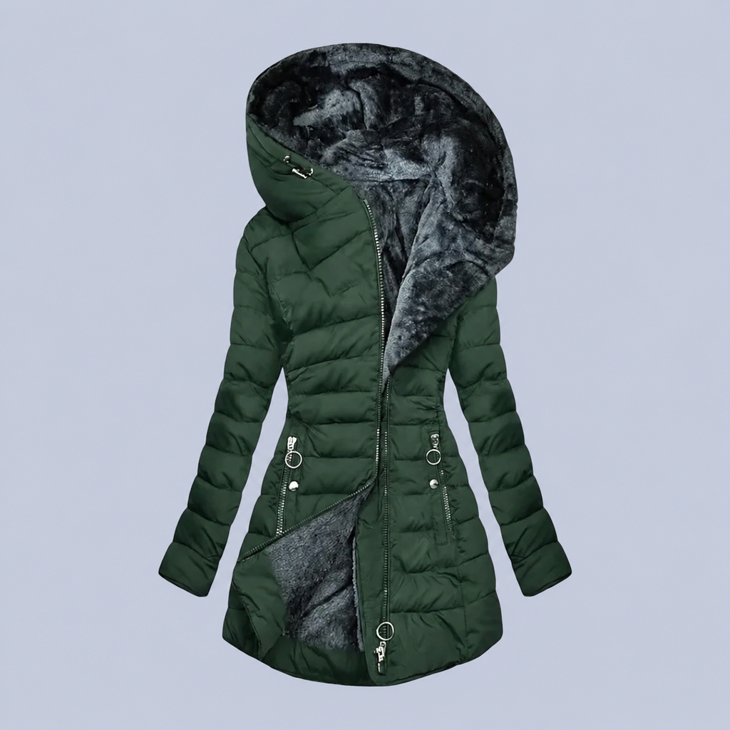 Women's Long Puffer Coat with Faux Fur Lined Hood – Fitted Quilted Winter Jacket