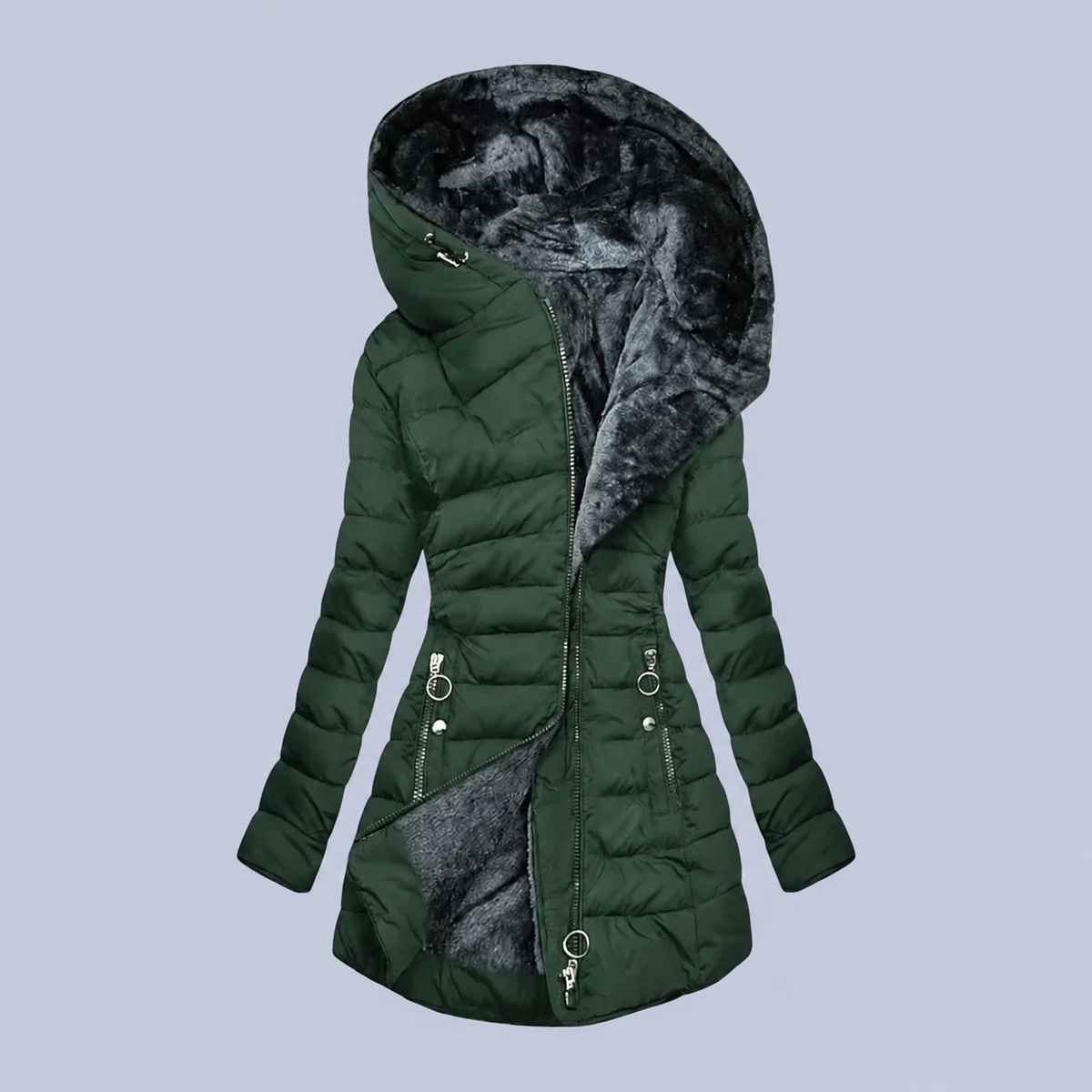 Women's Long Puffer Coat with Faux Fur Lined Hood – Fitted Quilted Winter Jacket