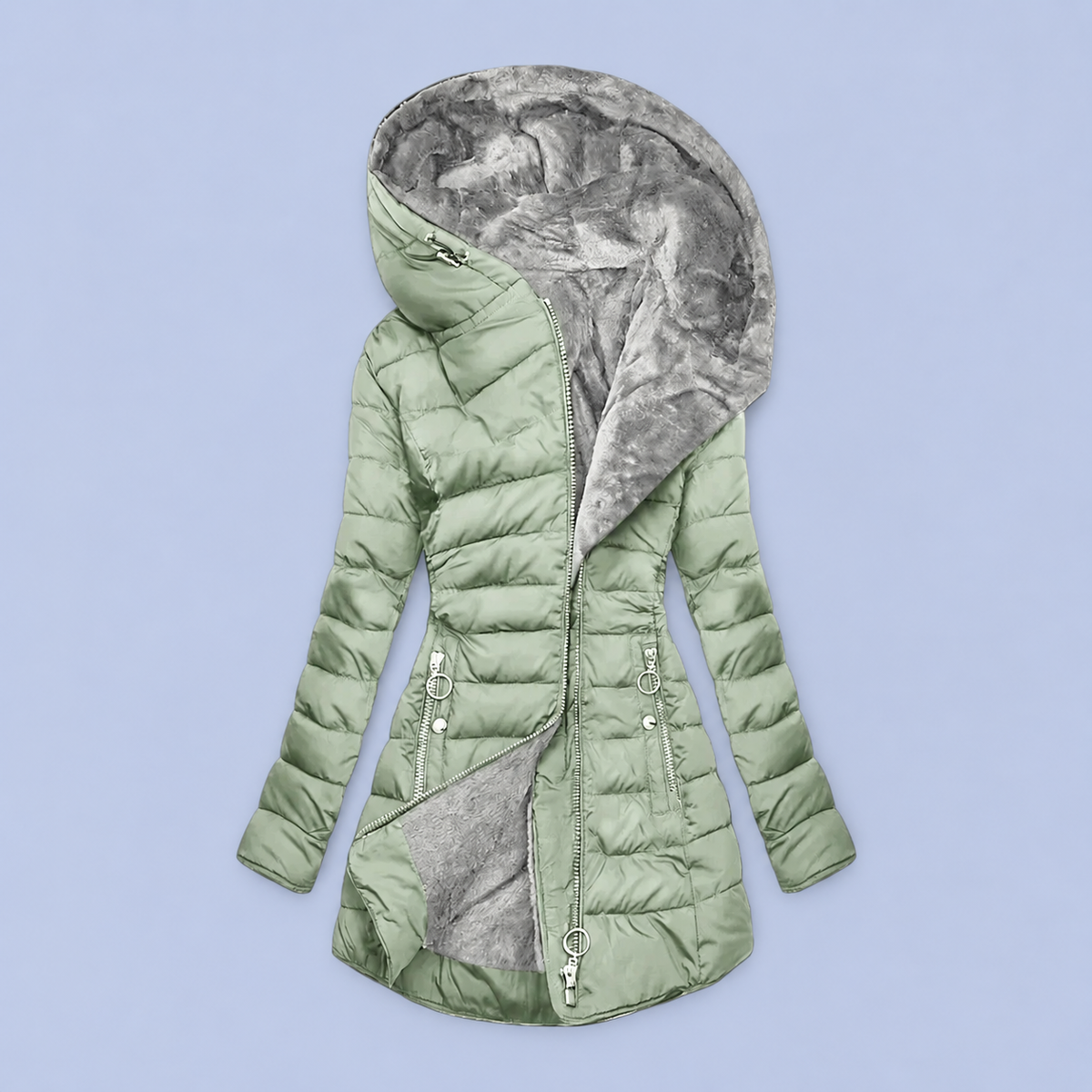 Women's Long Puffer Coat with Faux Fur Lined Hood – Fitted Quilted Winter Jacket