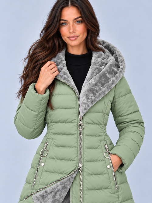 Women's Long Puffer Coat with Faux Fur Lined Hood – Fitted Quilted Winter Jacket