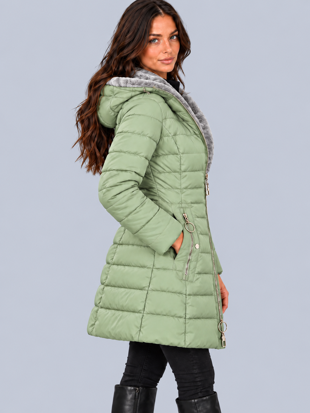 Women's Long Puffer Coat with Faux Fur Lined Hood – Fitted Quilted Winter Jacket