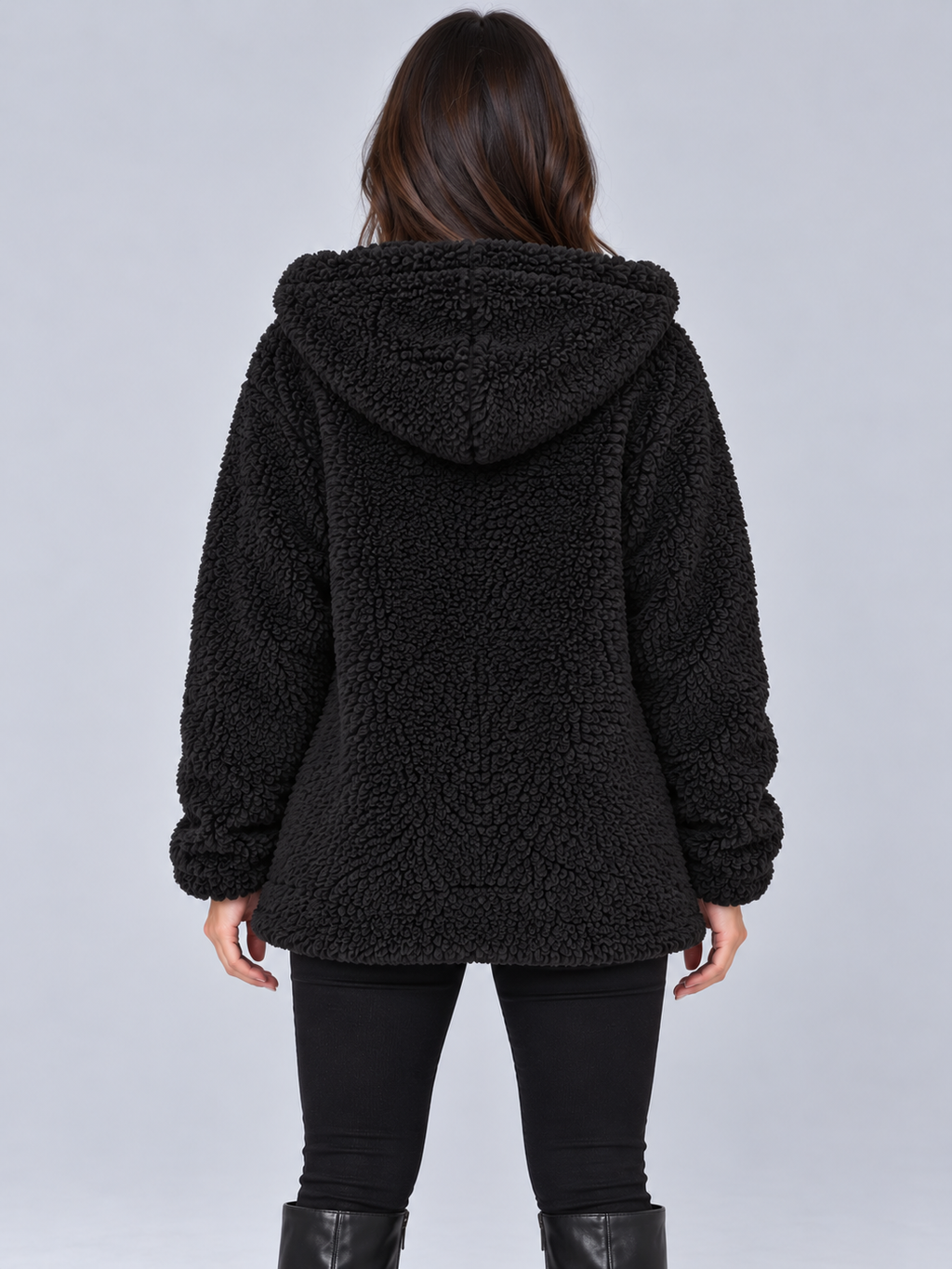 Women's fluffy teddy borg hooded jacket in black, back view showing the hood