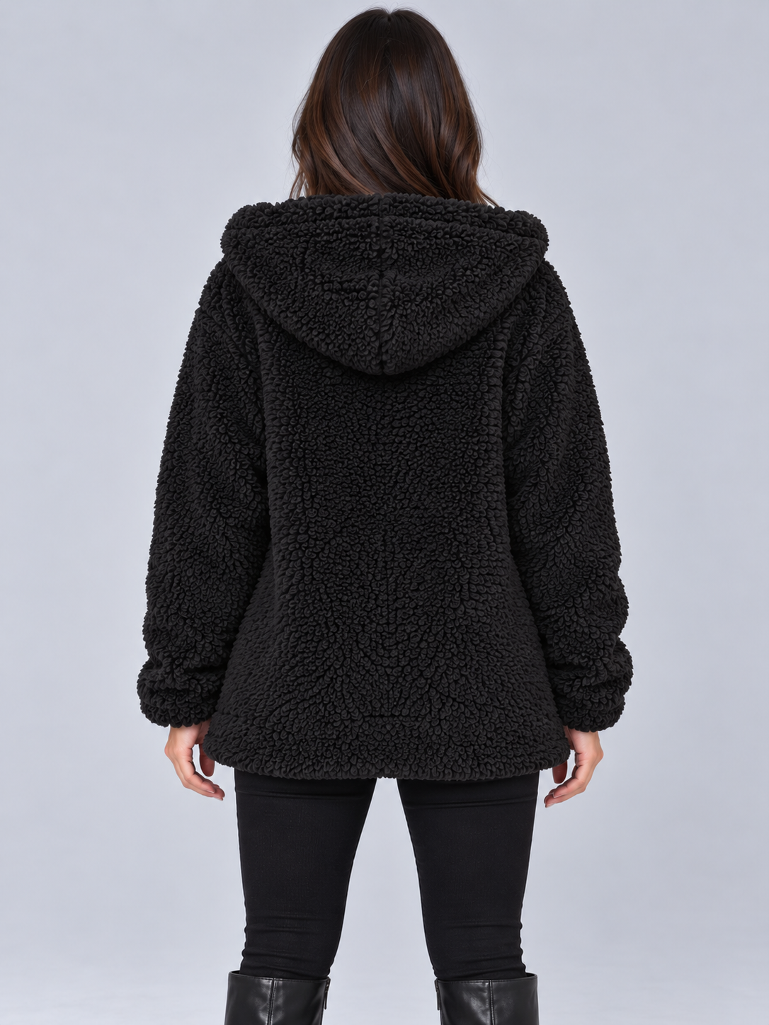 Women's fluffy teddy borg hooded jacket in black, back view showing the hood