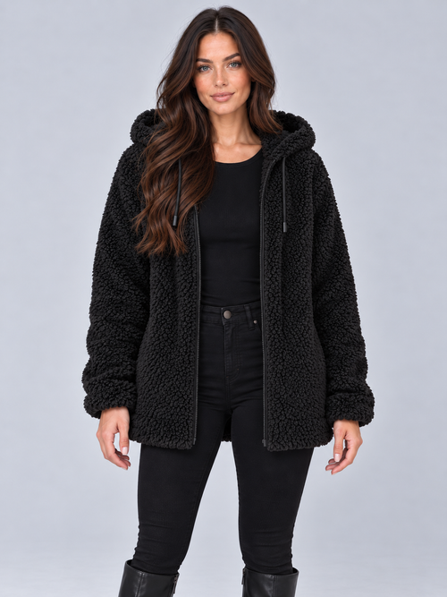 Women's fluffy teddy borg hooded jacket in black, front view
