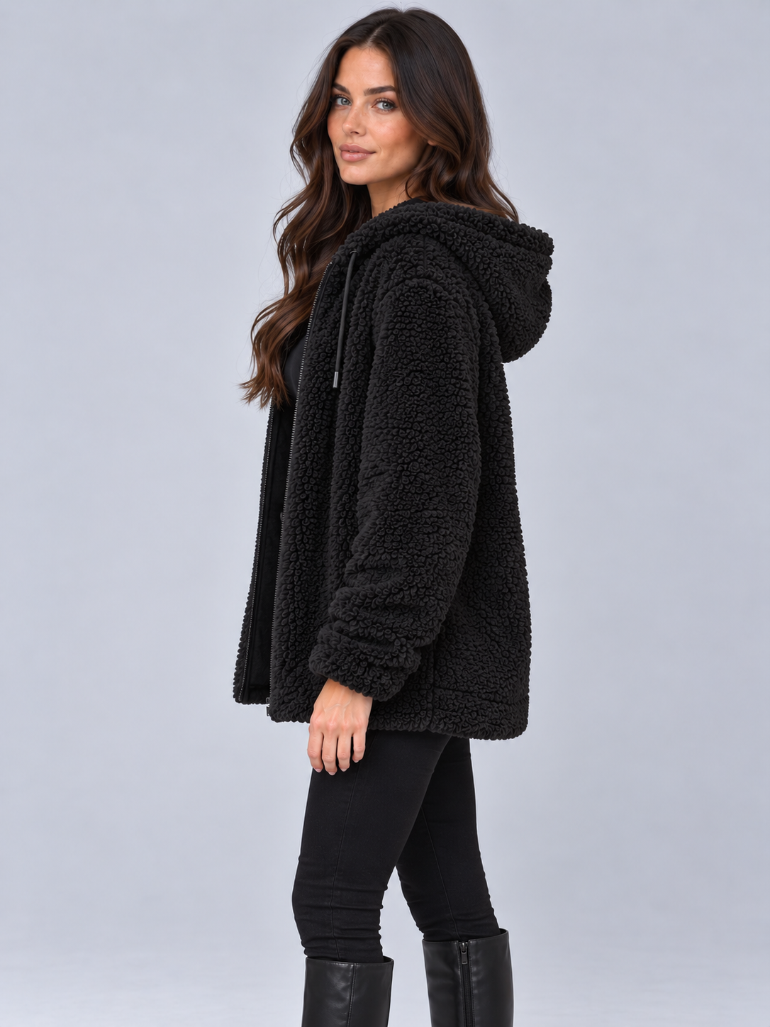 Women's fluffy teddy borg hooded jacket in black, side view