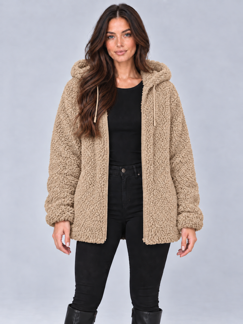 Women's fluffy teddy borg hooded jacket in khaki, front view